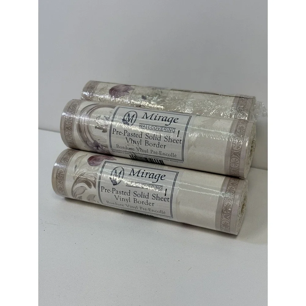 Vintage‎ 90s Mirage Textured Gilded Pastel Floral Vinyl Border 5 Rolls NOS